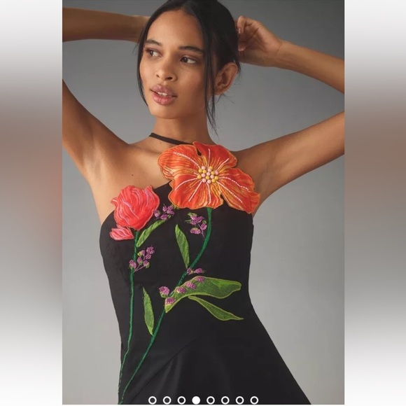 Anthropologie Yukiko Noritake Asymmetrical Floral Midi Dress Black Combo Orange - Picture 4 of 9